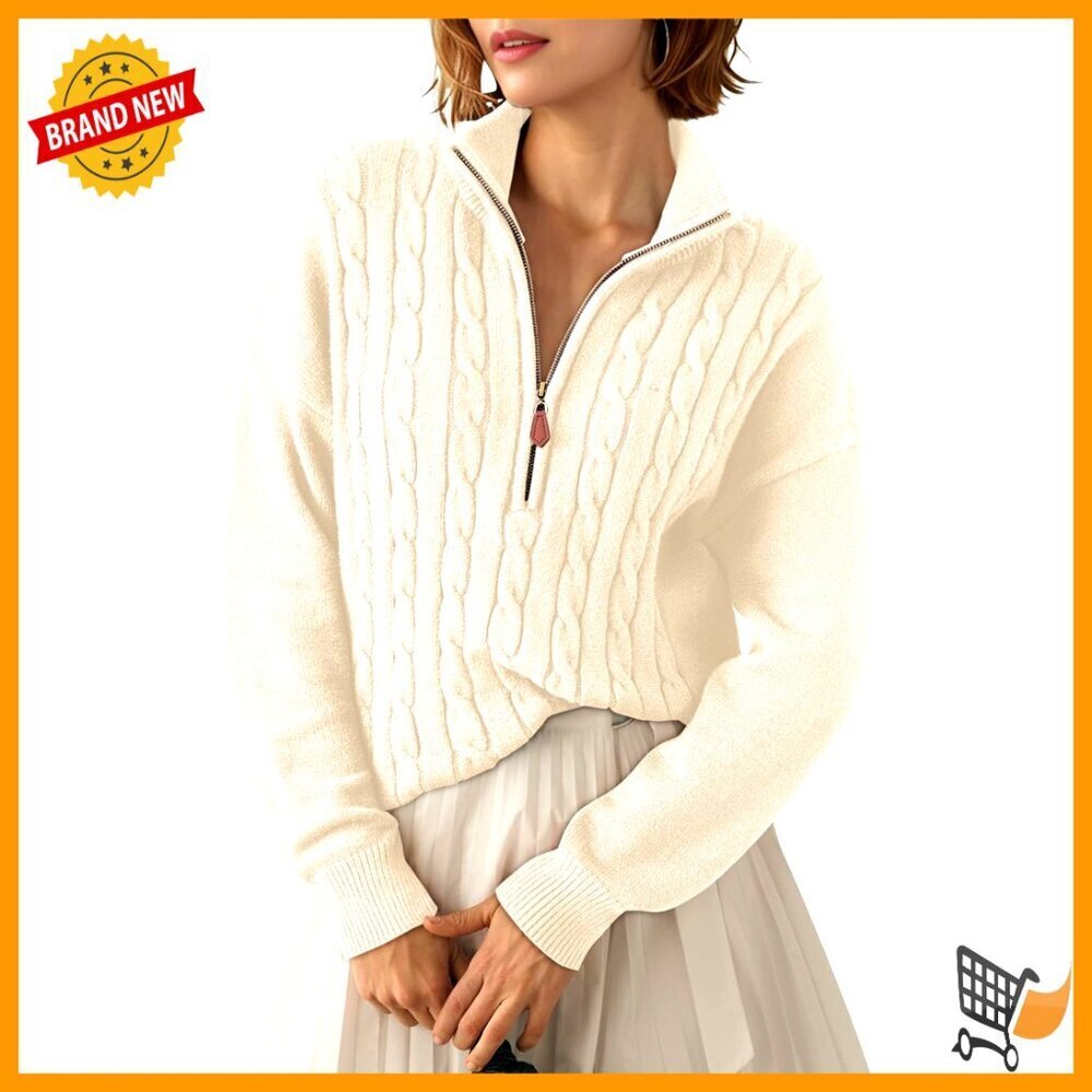 Quarter Zip Ribbed Cable Knit Pullover Casual Oversized Relaxed Fit Sweater